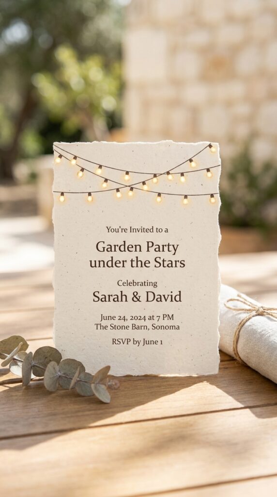 String light photo birthday invitation featuring personal photo with drawn illuminated string lights in warm golden tones