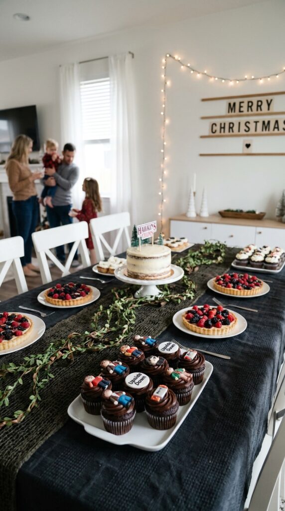 Upside Down themed dessert table for kids birthday party with dark decor and themed sweets