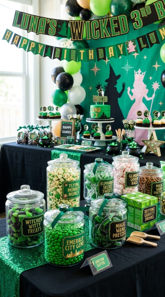 Toddler Wicked birthday candy buffet with colorful treats