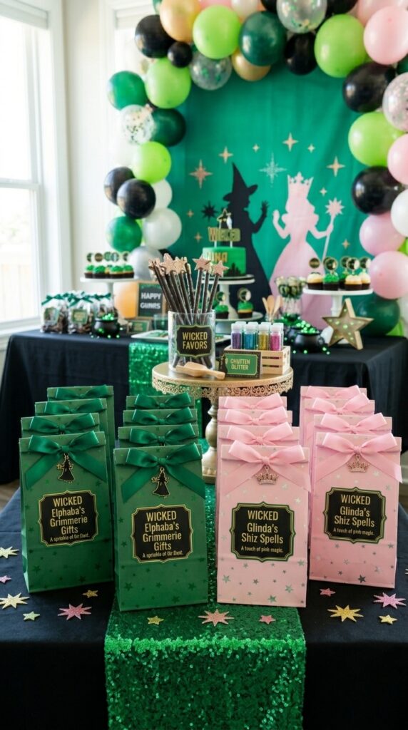 Toddler Wicked birthday party favor table with themed gifts