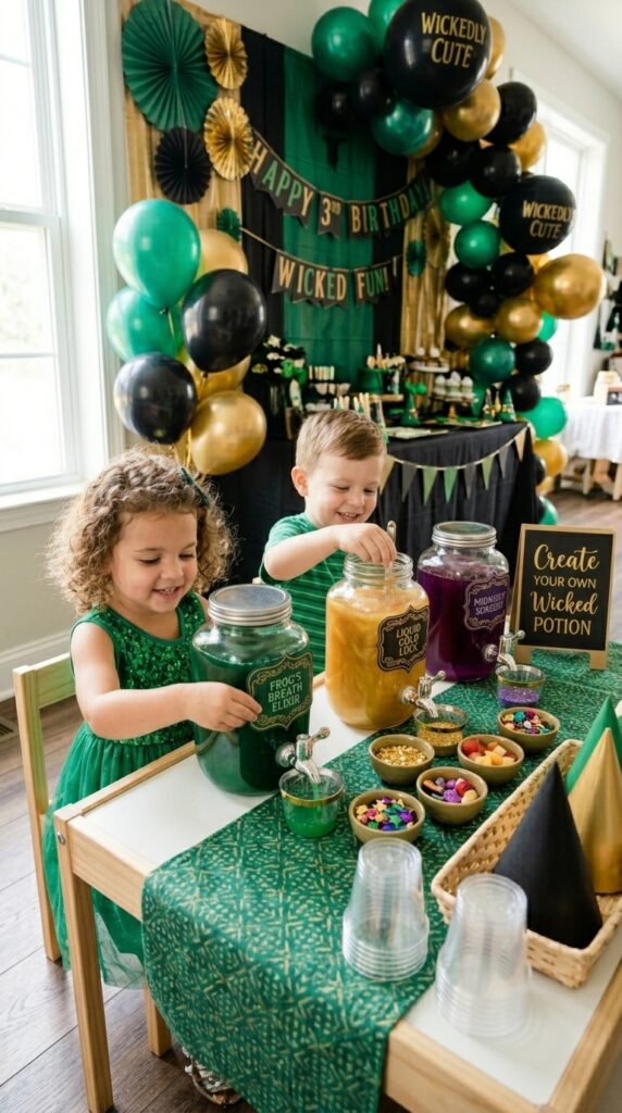 Toddler Wicked birthday potion drink station with colorful juices