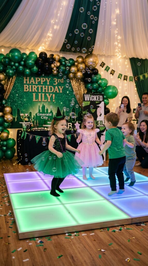 Toddler Wicked birthday glow dance floor with bubbles and lights