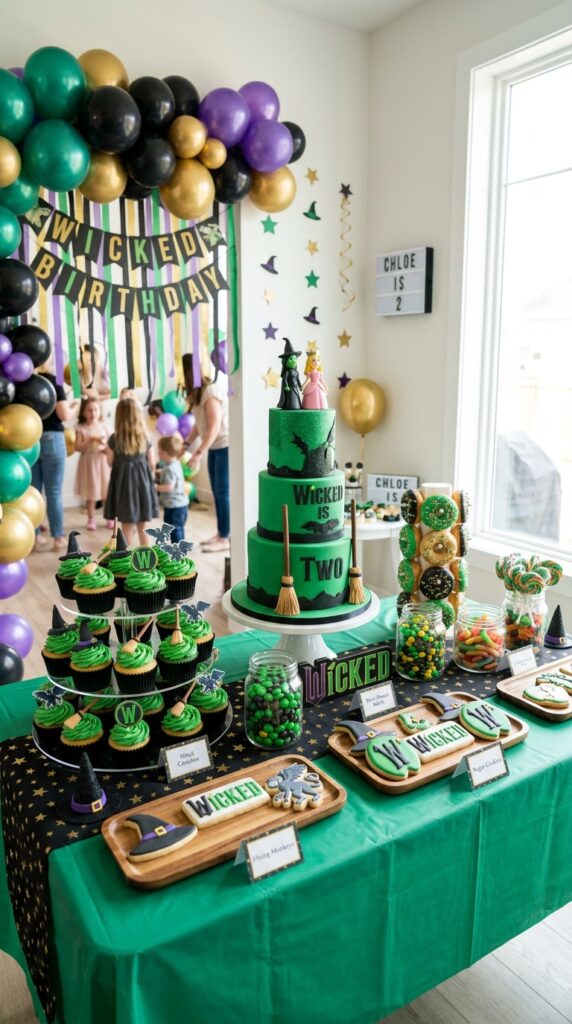 Toddler Wicked birthday dessert table with colorful themed treats