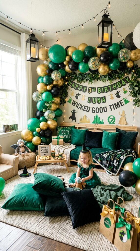 Toddler Wicked birthday lounge area with cozy magical decorations