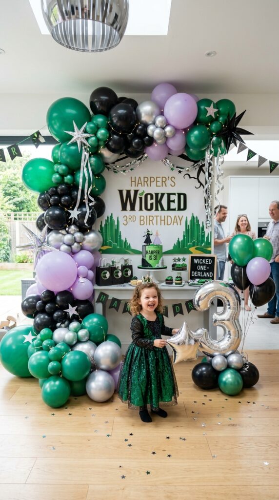 Toddler Wicked birthday party balloon wonderland with emerald decorations