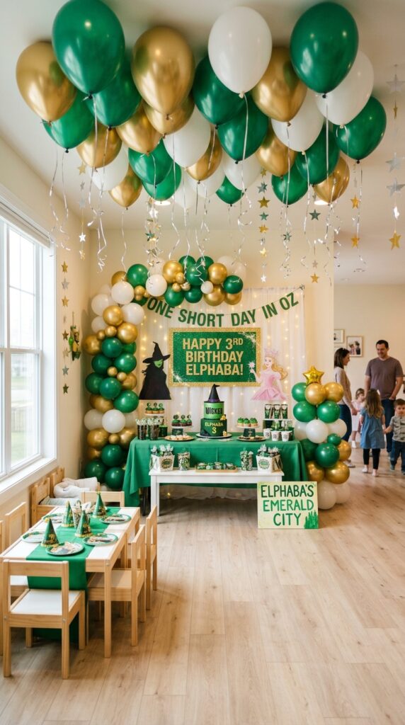Toddler Wicked birthday balloon ceiling decoration setup
