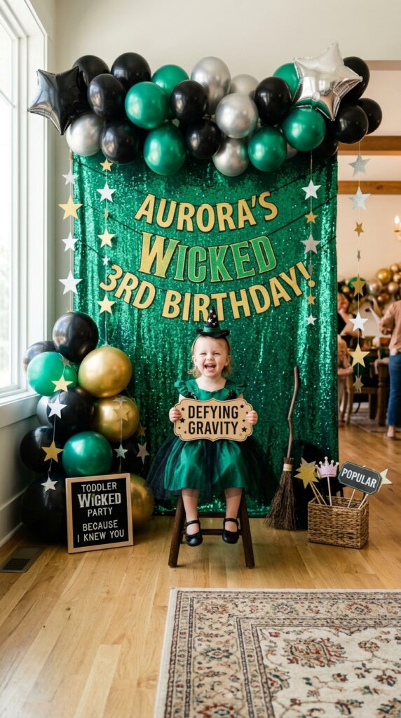 Toddler Wicked birthday photo booth with magical themed props