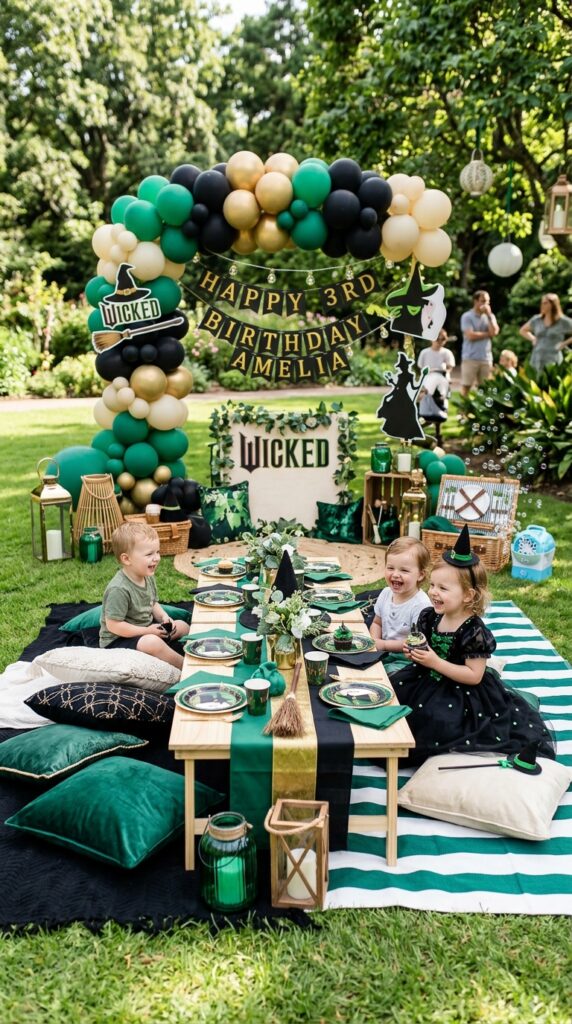 Toddler Wicked birthday picnic setup with emerald party decorations