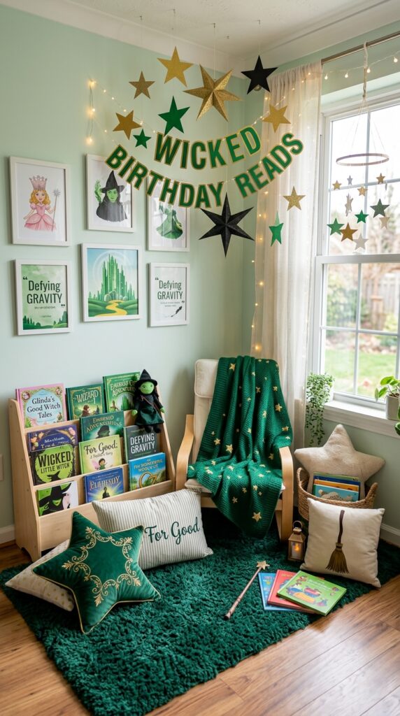 Toddler Wicked birthday reading nook with cozy magical decorations