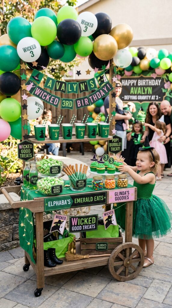 Toddler Wicked birthday snack cart with playful decorations