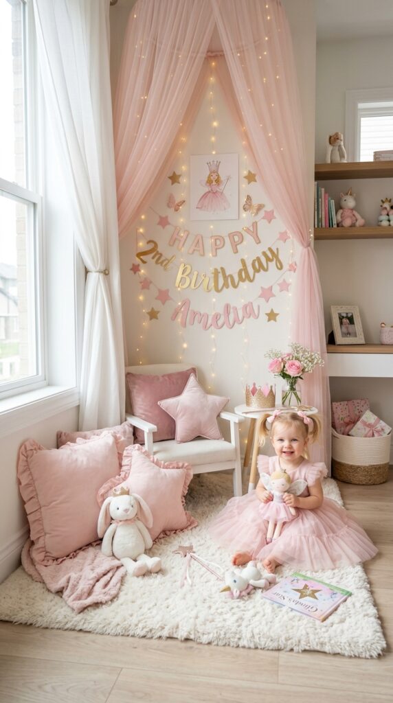 Pink Glinda-inspired toddler princess corner for a Wicked 2nd birthday party.