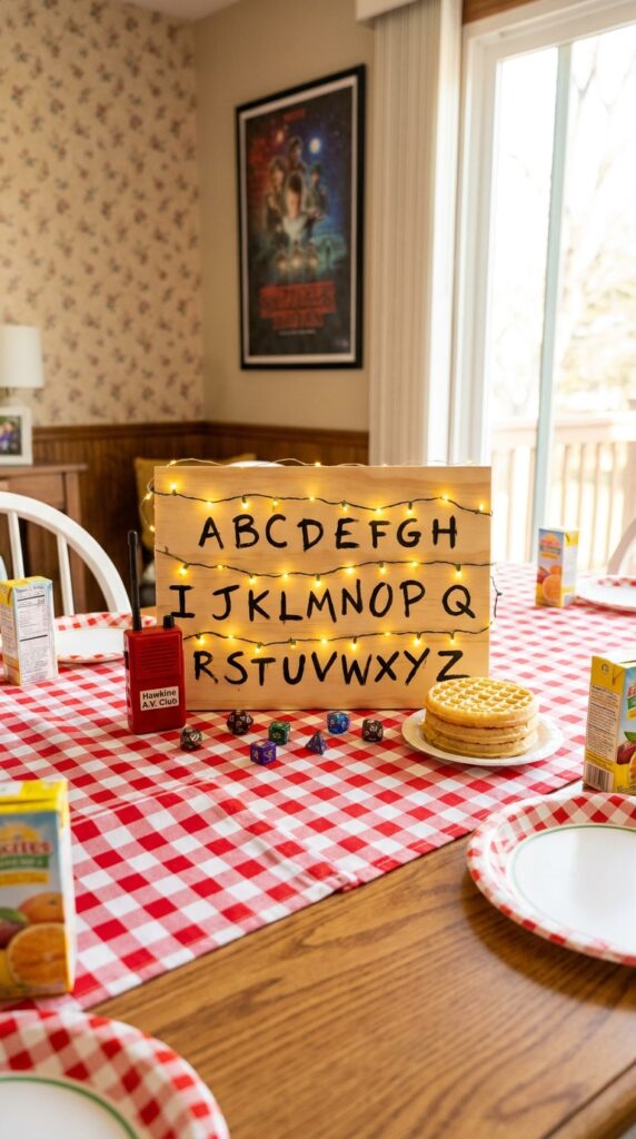 Stranger Things alphabet light box centerpiece with glowing lights on party table