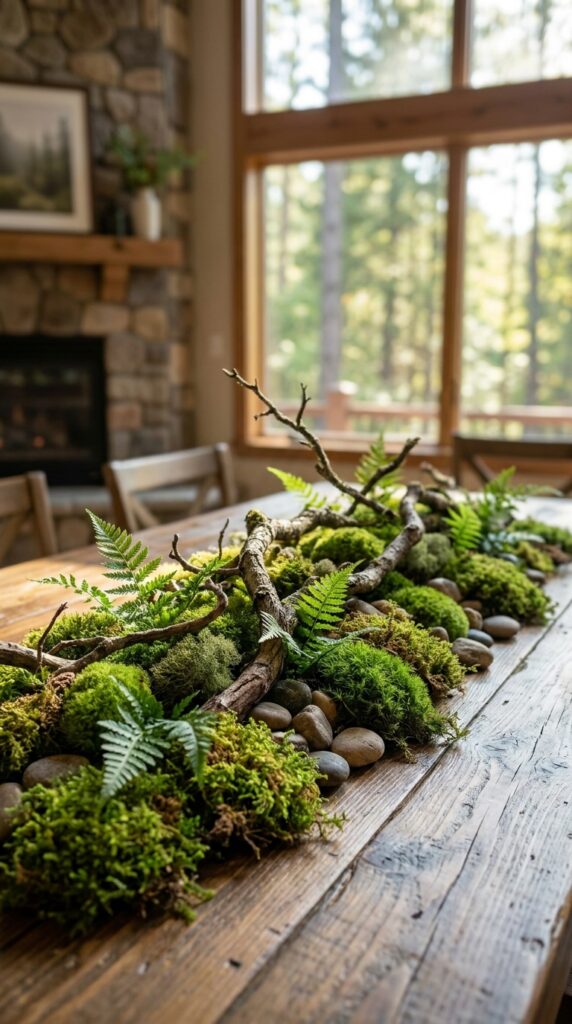 Upside Down forest moss centerpiece with dark branches on party table