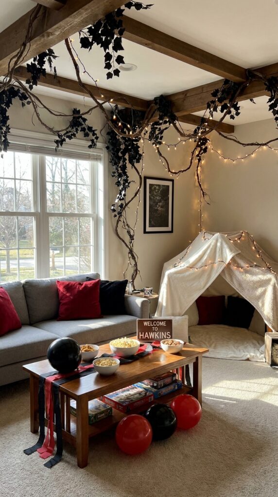 Upside Down Stranger Things themed living room party setup with dark vines and fairy lights