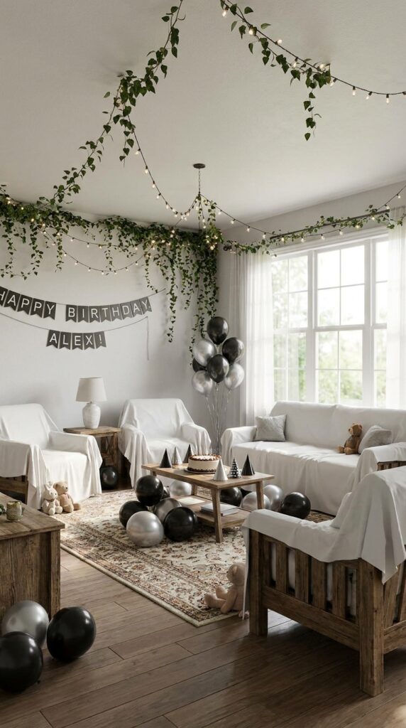 Stranger Things upside down themed birthday party living room setup