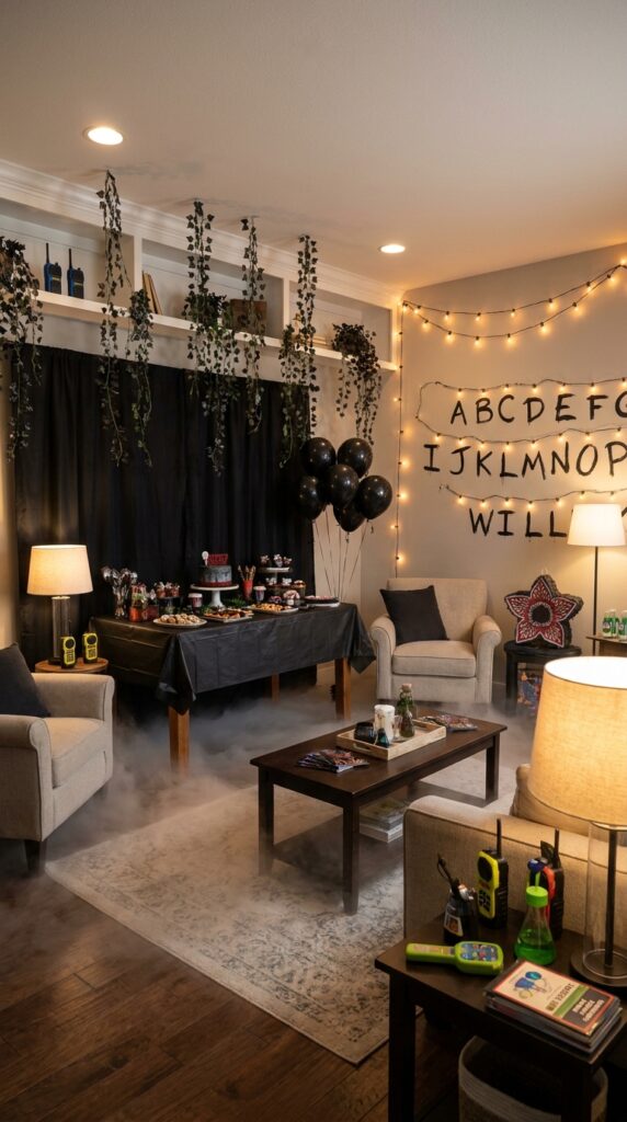 Stranger Things upside down themed living room party setup