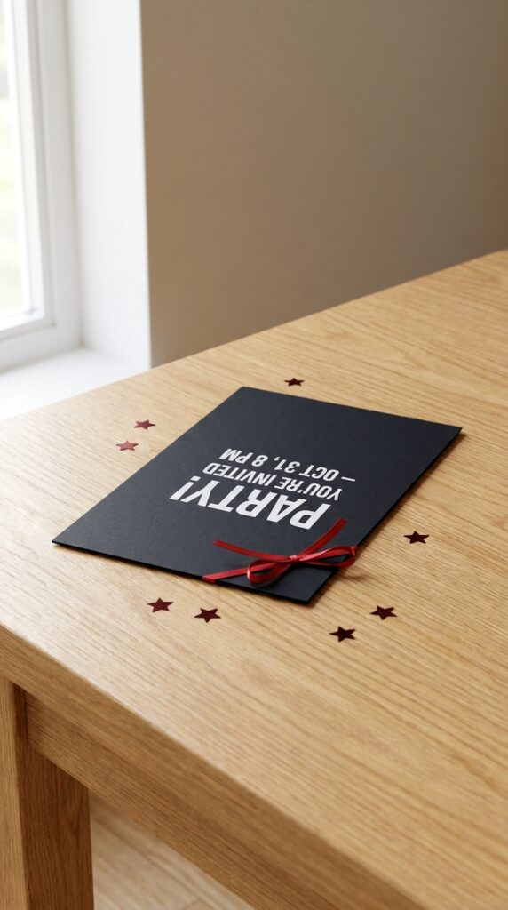 Upside Down themed dark Stranger Things birthday invitation with flipped text and red accents on black cardstock