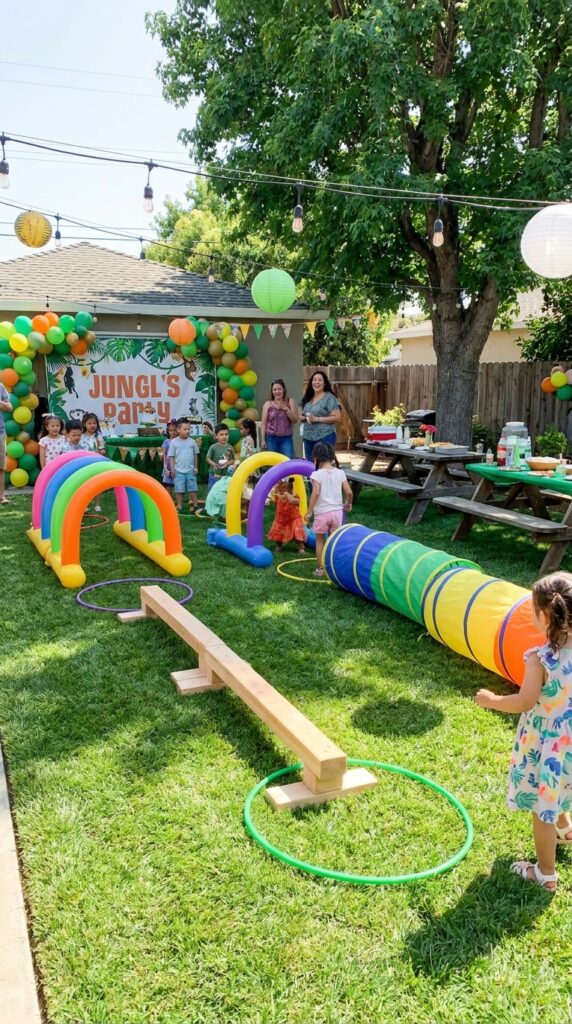 Obstacle course setup for Stranger Things themed birthday party activity