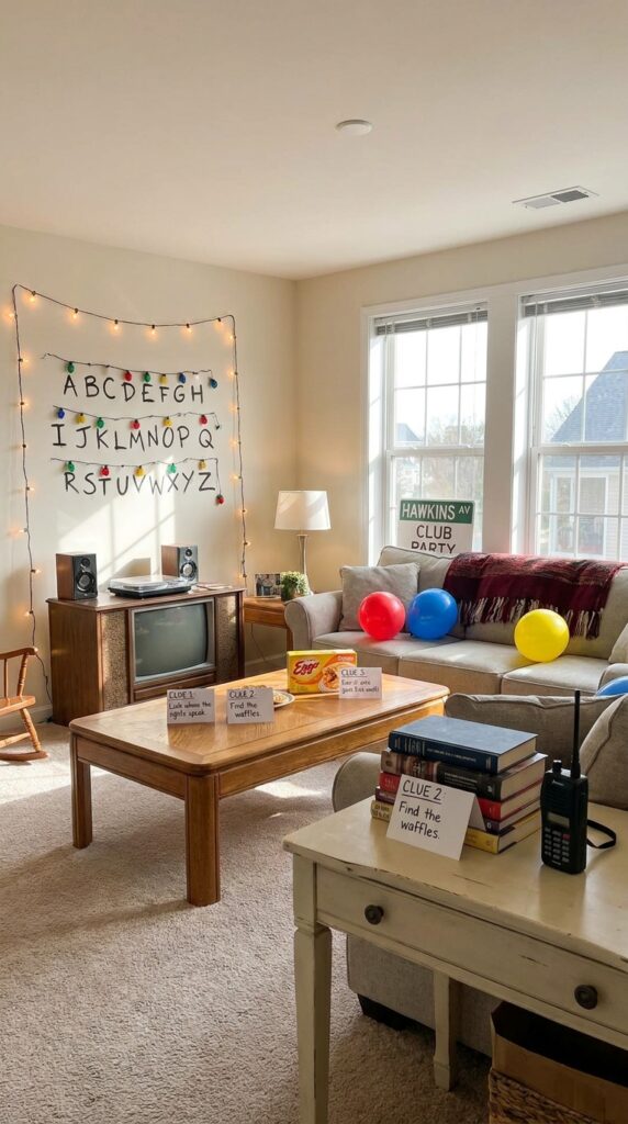 Stranger Things themed scavenger hunt setup with clues and decorations
