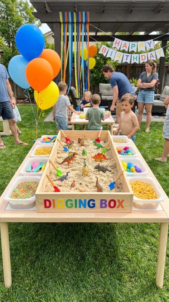 Treasure digging sensory activity setup for kids at Stranger Things party