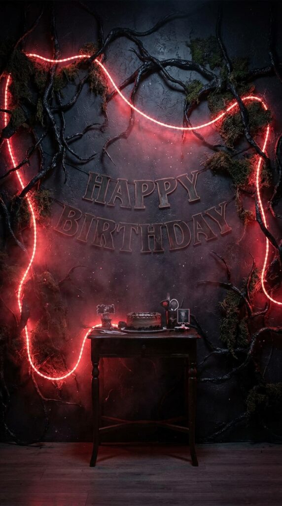 Stranger Things Upside Down wall backdrop with vines and red lights
