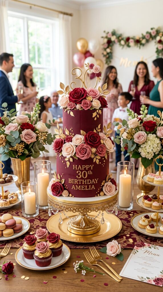 Velvet rose birthday cake with elegant floral magical party decorations.