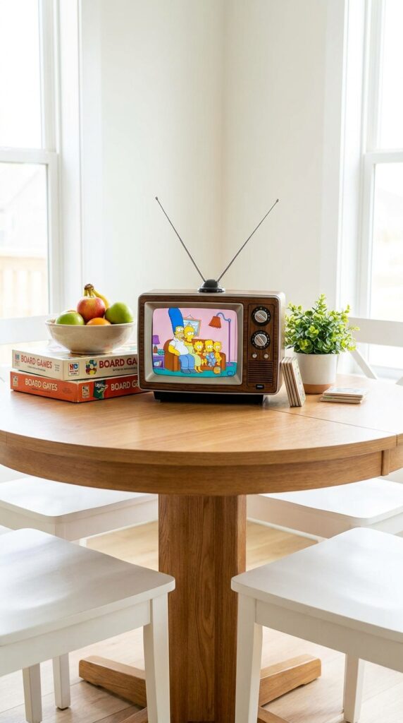 Vintage retro TV prop centerpiece with Stranger Things theme on party table