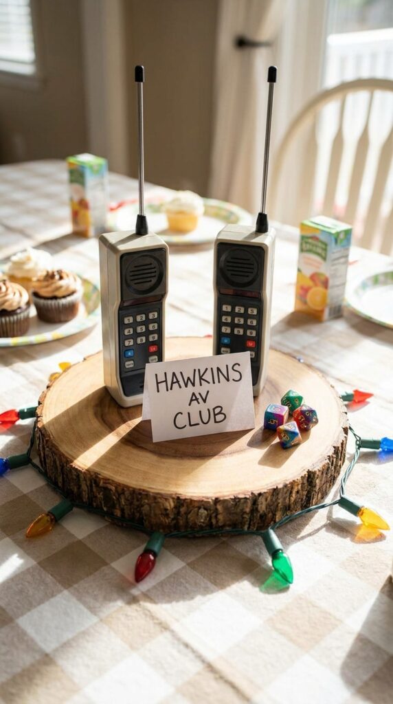 Retro walkie talkie centerpiece on Stranger Things themed party table