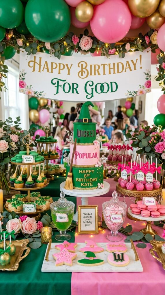 Wicked-inspired dessert table with green and pink birthday decor.