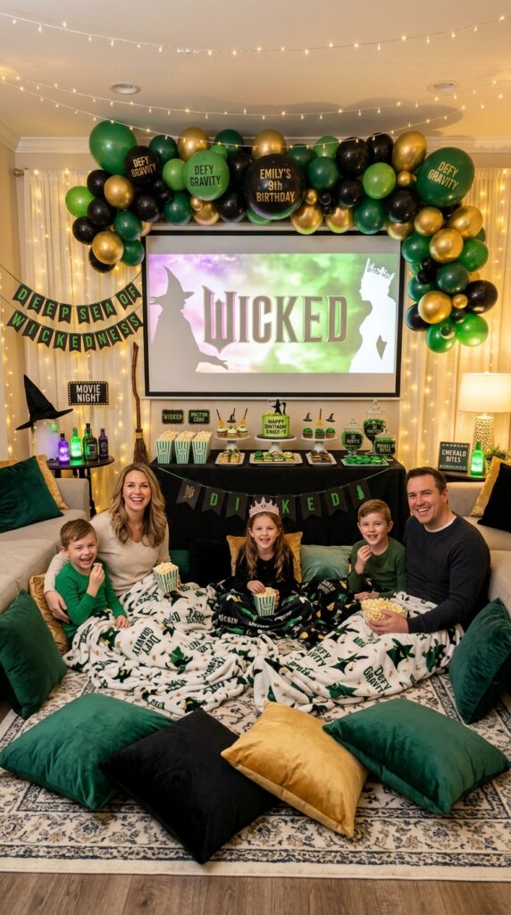 Wicked themed movie night lounge with magical birthday party decorations.