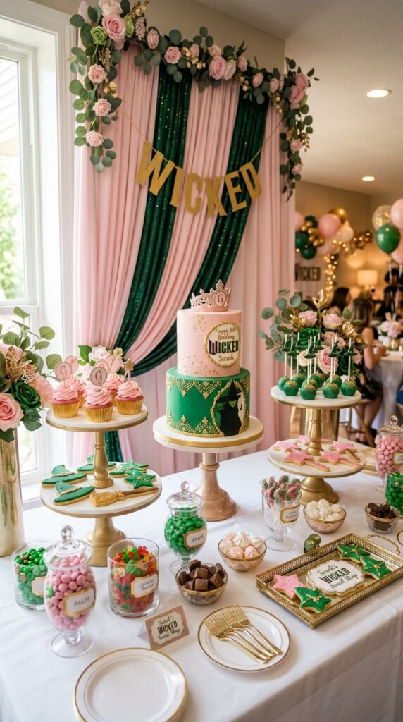 Wicked-themed second birthday dessert table with pink and green sweets and birthday cake
