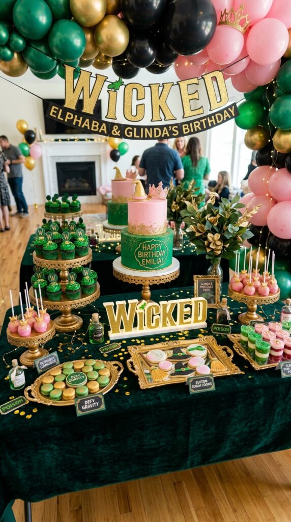 Wicked-inspired birthday dessert table with pink and green treats for a 5th birthday party.