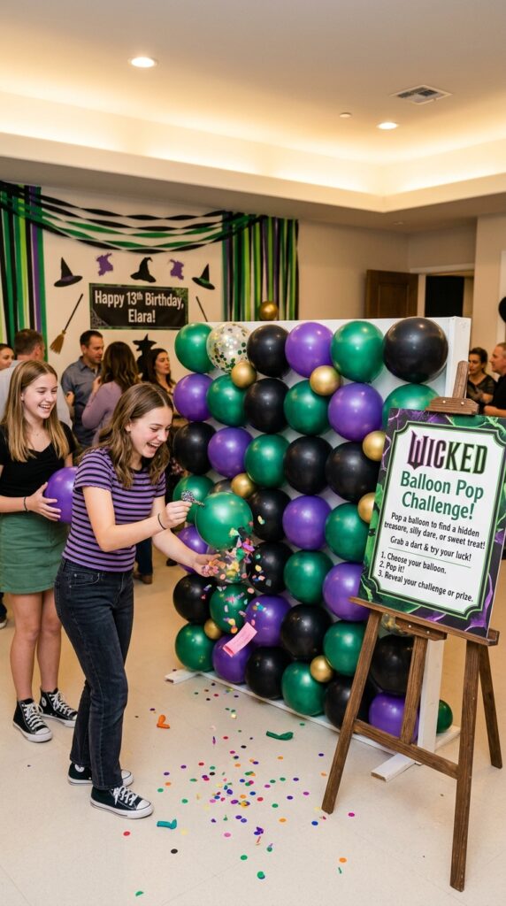 Wicked birthday balloon pop challenge with themed decorations.
