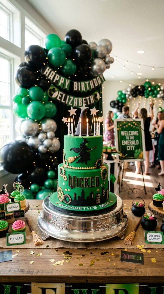 Wicked birthday cake display with magical themed decorations