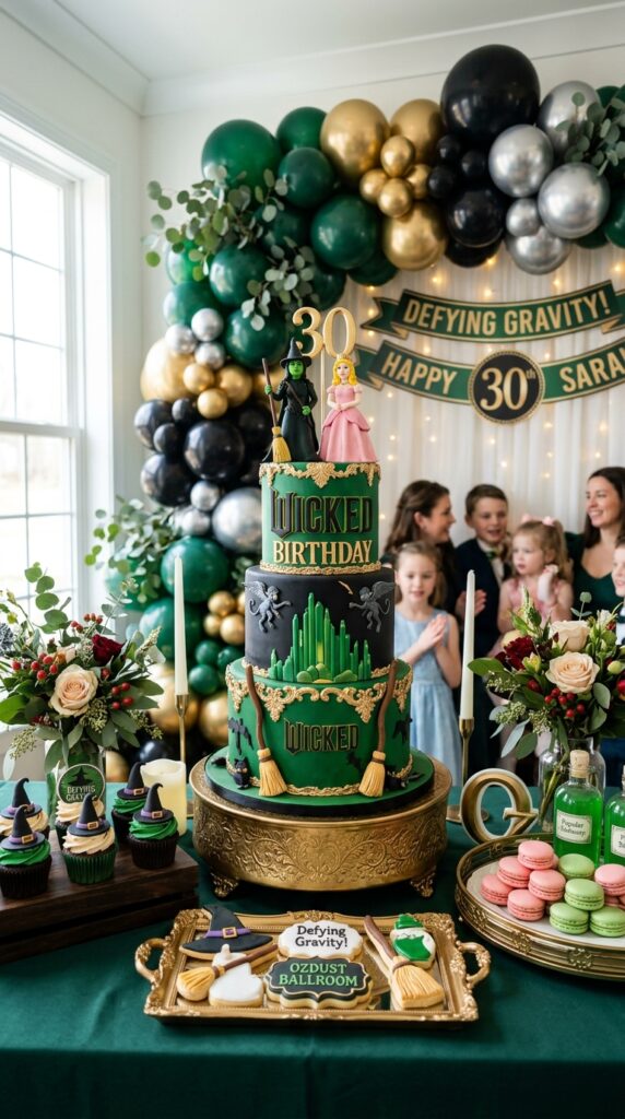 Wicked birthday cake display with dramatic themed dessert decorations