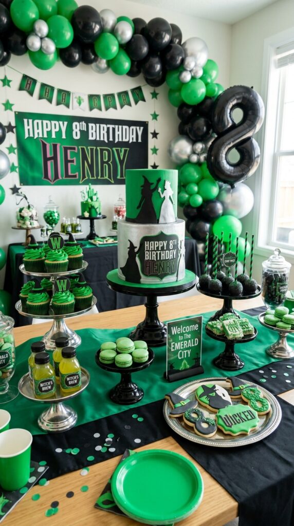 Wicked themed birthday dessert table with green treats and dramatic decorations