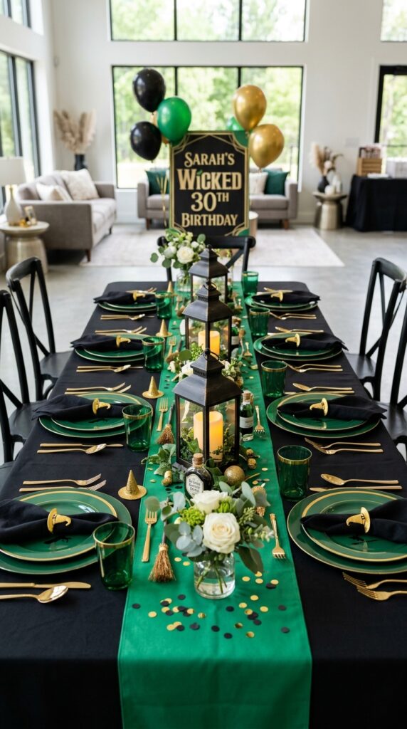 Green and black Wicked themed birthday dining table setup