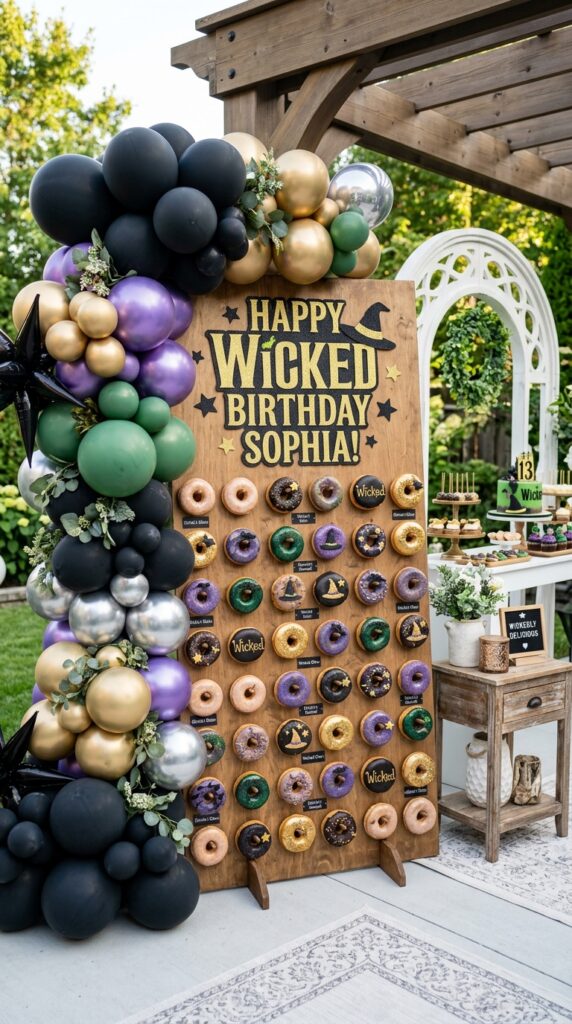 Wicked themed donut wall with decorative birthday desserts