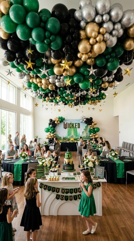 Wicked birthday party room with dramatic balloon ceiling decorations