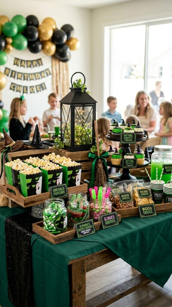 : Magical Wicked themed snack station with party treats