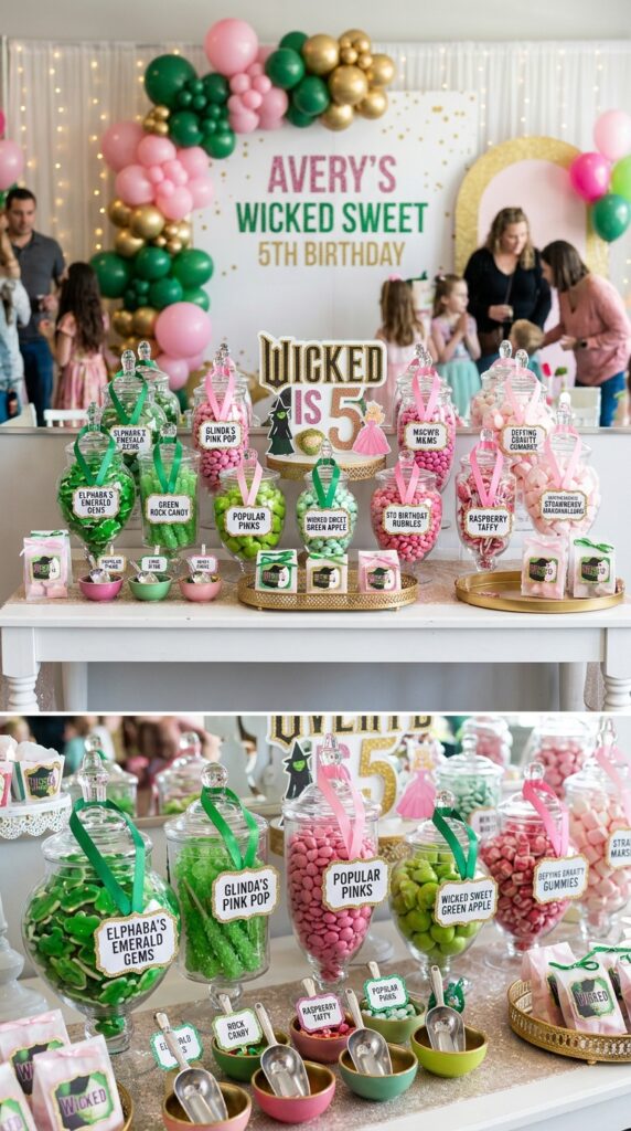 Wicked-inspired candy bar with pink and green sweets at a 5th birthday party.