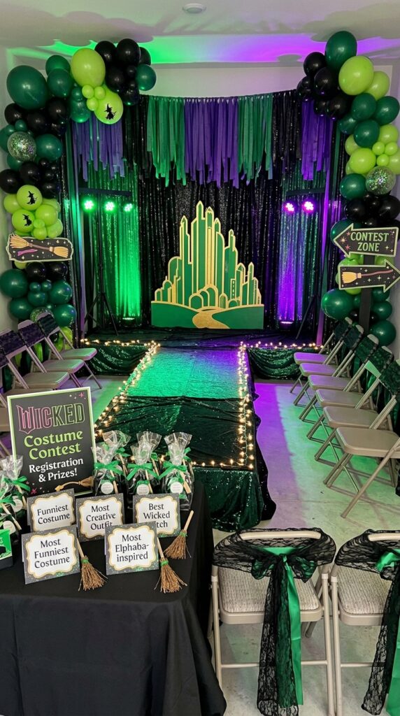 Wicked birthday costume contest setup with themed decorations.