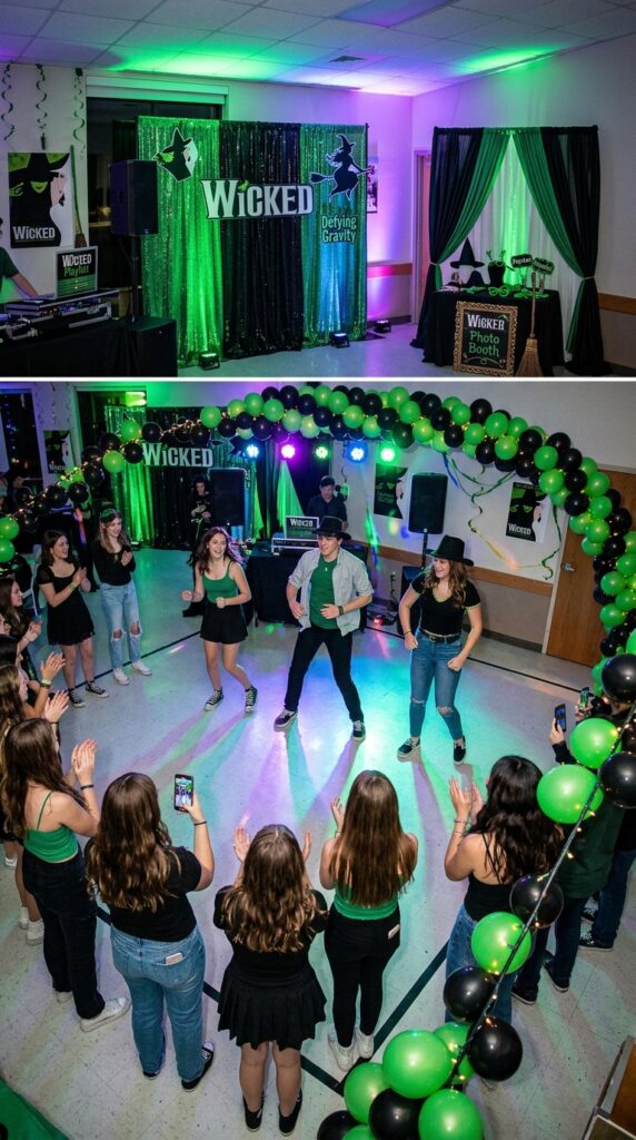 Wicked birthday dance challenge area with lights and balloons.
