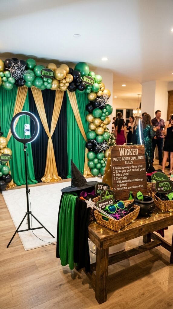 Wicked birthday photo booth setup with themed props and backdrop
