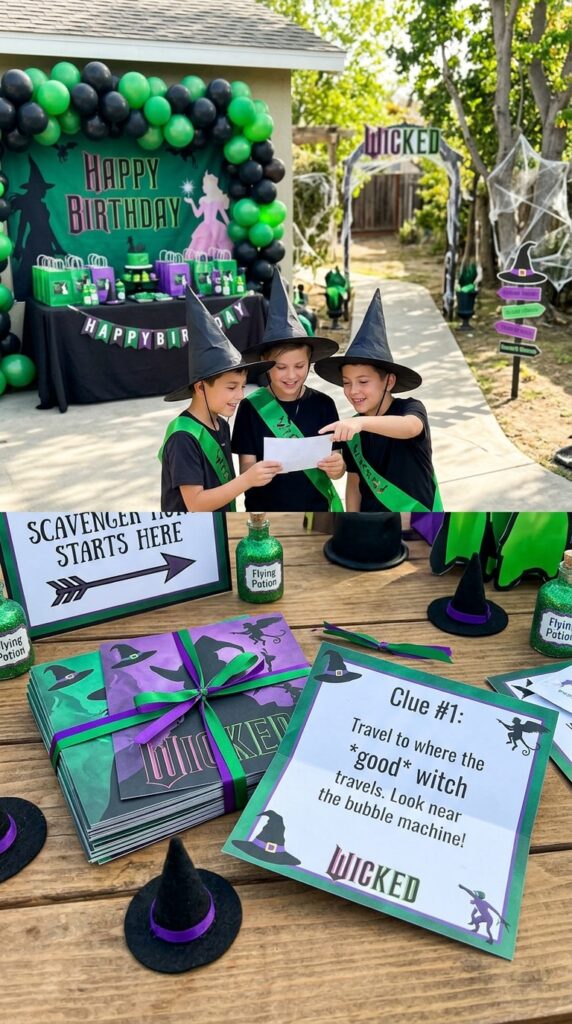 Wicked birthday scavenger hunt setup with themed clue cards and decorations.
