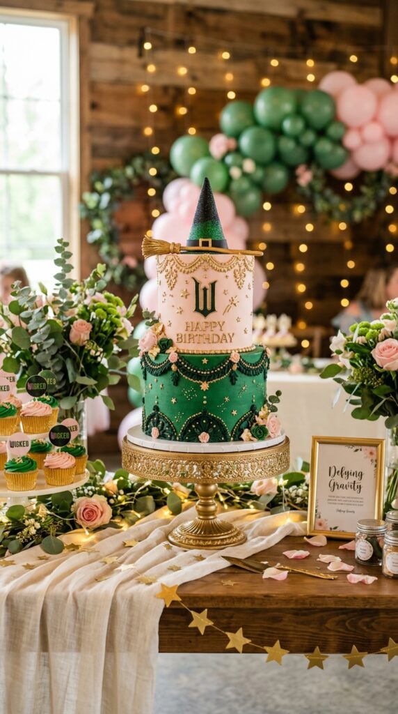 Wicked-inspired birthday cake display with emerald and pink decorations.