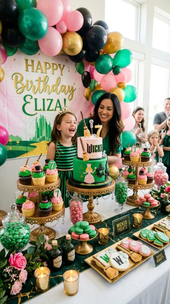 Wicked inspired birthday cake table with magical fantasy themed decorations.