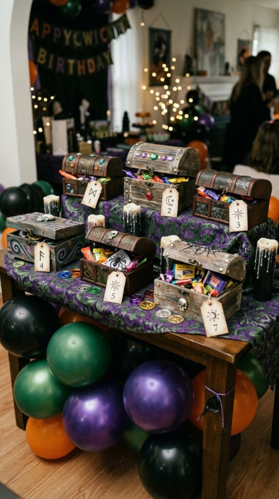 Treasure box game setup for a wicked birthday party.