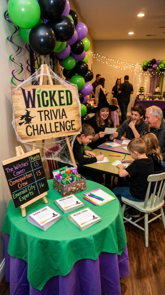 Wicked birthday trivia game setup with themed party decorations.