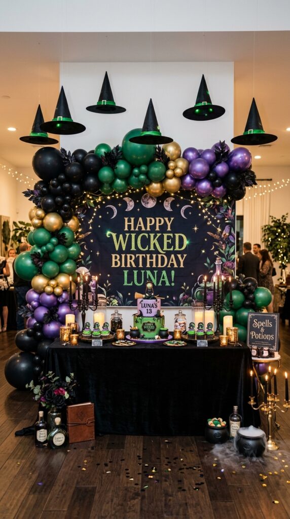 Wicked witch birthday backdrop with green and black magical decorations.
